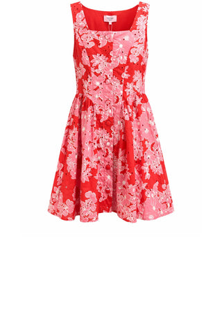 Short Red Dress with Pink Florals and Eyelet Embroidery. Sleeveless