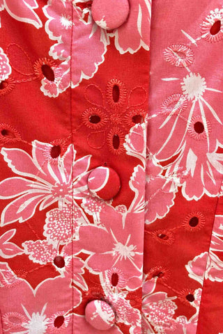Short Red Dress with Pink Florals and Eyelet Embroidery. Sleeveless
