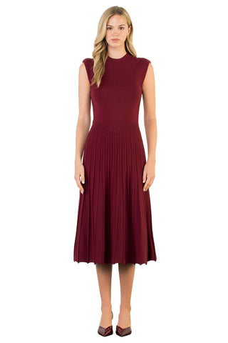 THML Sleeveless Knit Maxi Dress in Maroon. burgundy sleeveless knit midi dress with crew neckline, fitted bodice, and ribbed pleated skirt in rich maroon color