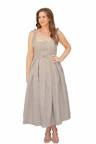Moon River Sleeveless Plaid Midi Dress in Cream and Brown