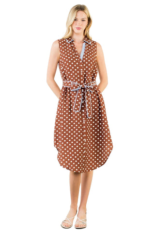 Brown and White Polka Dot Midi Dress with a tie belt and blue trim details