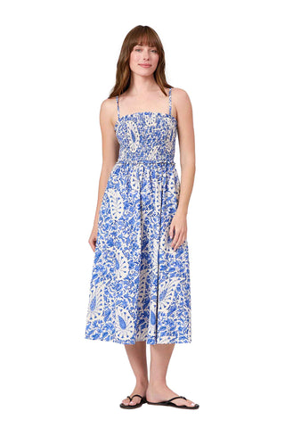 blue and white paisley smocked midi dress with spaghetti straps and elastic bodice. Livro Smocked Dress in Steel Paisley
