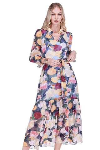 Joy Joy Split Neck Maxi Dress in Impressions. Multi-colored impressionist watercolor floral print maxi dress with split neck tie, balloon sleeves, and tiered skirt