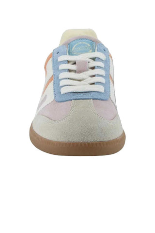Pastel-colored sneaker with a white sole on a white background