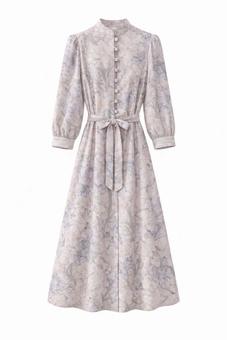 Jade Stand Collar A-Line Midi Dress - Whispering Lilies. Muted Floral Dress with Long Sleeves and Self-Tie Waist