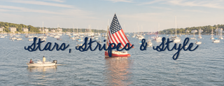 Nautical scene with boats on water, American flag, and text 'Stars, Stripes & Style'.