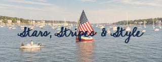 Sailboat with American flag in a harbor with 'Stars, Stripes & Style' text.