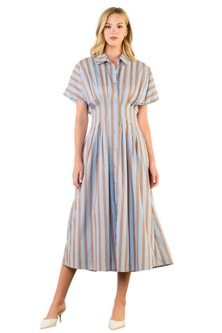 THML striped button up maxi dress in blue and brown vertical stripes featuring shirt dress styling with collar and short sleeves