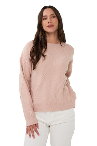 Esqualo Sweater Cable Square in Candy. Soft pink sweater with raised cable-knit diamond pattern, crew neck, and long sleeves