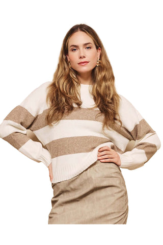 Esqualo Sweater Striped Melange in Off White and Tan. Off-white and tan wide-striped melange sweater with crew neck and relaxed fit