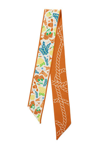 Saturday Silks Texas Longhorn skinny scarf in burnt orange featuring bluebonnets, longhorn motifs and western imagery with rope border for Texas pride fashion