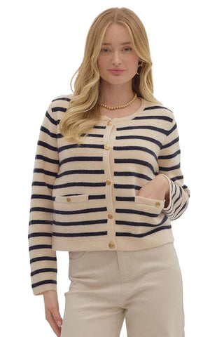 Cream and navy striped cardigan with gold buttons and front pockets 