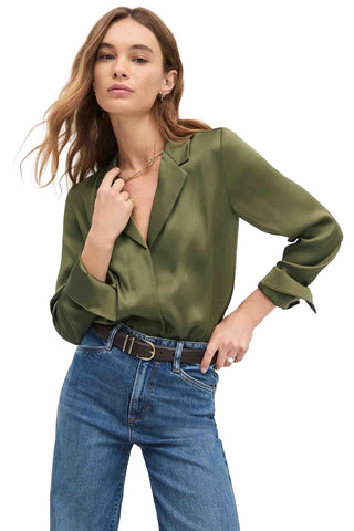 Favorite Daughter The Lily Top in Smoketree olive green silk featuring classic collar, relaxed fit and long sleeves for luxury women's fashion