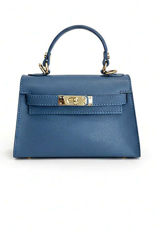 Women's Top Handle Leather Handbag in Medium Blue Leather with Gold Hardware Clasp