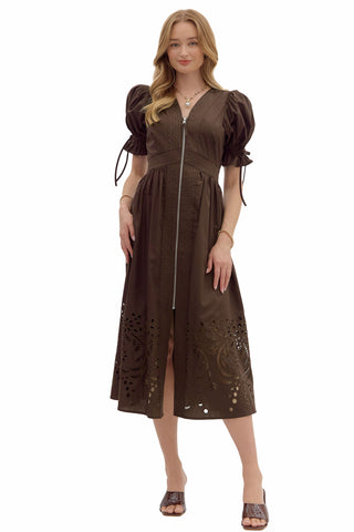 Entro Molly Dress in Brown. Brown midi dress with puffed tie sleeves, front zipper, and laser-cut eyelet embroidery hem