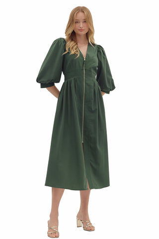 Entro Stella Dress. Hunter green midi dress with puffed three-quarter sleeves, empire waist, and full-length front zipper