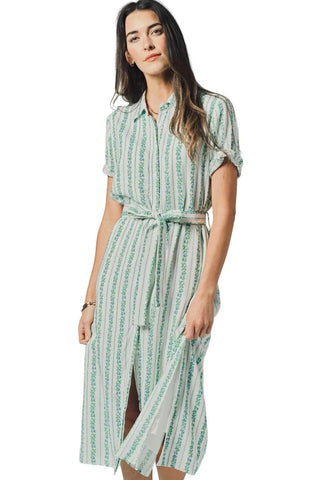 The Short Sleeve Kara Dress - Blue Floral Stripe Dresses The Shirt by Rochelle Behrens Monkee's of The Woodlands
