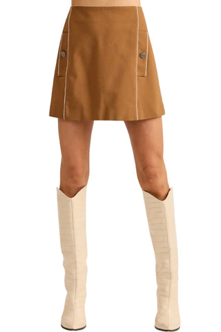 S'edge Tobie Skirt in Toffee. Toffee brown A-line mini skirt with white contrast piping and button details