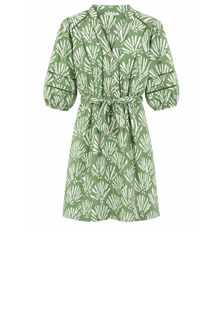 Green Dress with white tropical print. 3/4 sleeves and self-tie waist belt