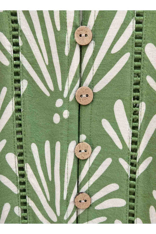 Green Dress with white tropical print. 3/4 sleeves and self-tie waist belt