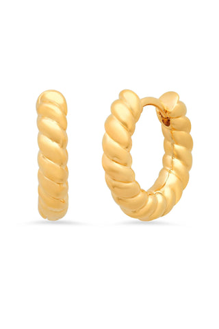 Gold huggie hoop earrings with organic twisted rope texture design, featuring curved sculptural form that hugs the earlobe closely