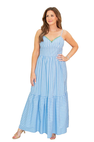 Anna Cate Tyler Midi Dress in Blue and White Stripe with Green Ric Rac Trim
