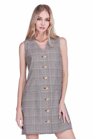V-Neck Buttons Fitted Dress - Plaid