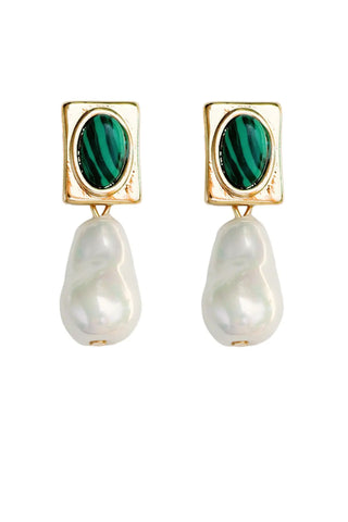 Gold drop earrings featuring square malachite stones in green with natural lustrous pearl drops, measuring 2 inches in length
