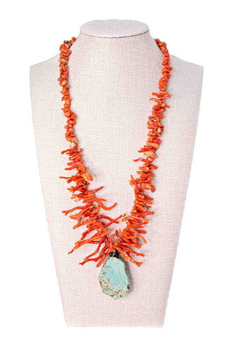 Andrea Barnett one-of-a-kind vintage red branch coral necklace with large flat aqua stone centerpiece featuring natural coral branches in organic statement design