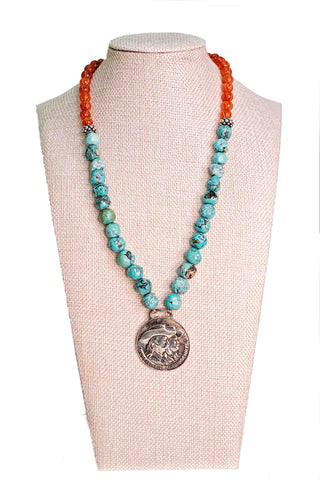 Andrea Barnett one-of-a-kind vintage sterling silver Buffalo Bill necklace featuring authentic Buffalo Bill medal, Royston turquoise nuggets, etched carnelian and sterling rondelles
