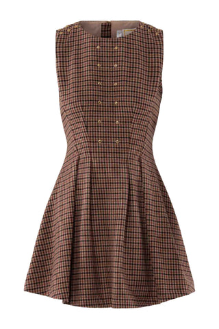 Emily McCarthy Vivi Dress in Tweed. Pink and brown houndstooth tweed sleeveless dress with double row of gold buttons and A-line skirt