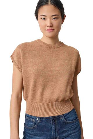 Lilla P Wedge Sweater in Acorn. Camel-colored sleeveless knit sweater with crew neckline, intricate stitch detailing along seams, and cropped fit with ribbed hem