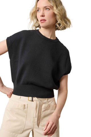 Lilla P Wedge Sweater in Black. black sleeveless knit sweater with crew neckline, intricate stitch detailing along seams, and cropped fit with ribbed hem