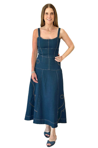 Western Embroidered Denim Midi Dress