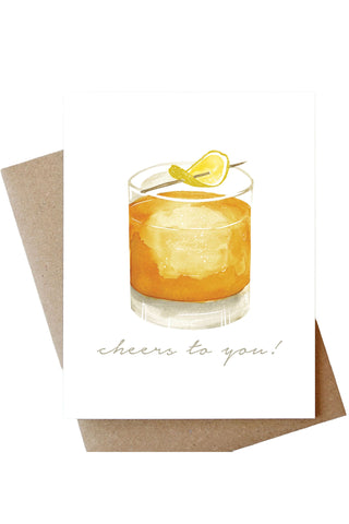 Hand-painted watercolor greeting card featuring whiskey cocktail with lemon garnish and "cheers to you" message, A2 size with kraft envelope. For birthdays, promotions, fathers day, etc. 