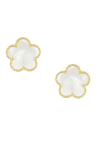 Sahira flower mother of pearl stud earrings in gold featuring iridescent white mother of pearl stone with beaded border detail in flower shape.
