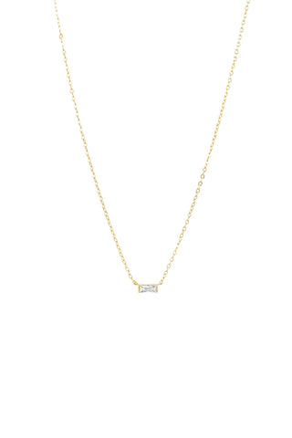 Delicate gold chain necklace with small rectangular clear crystal stone pendant 