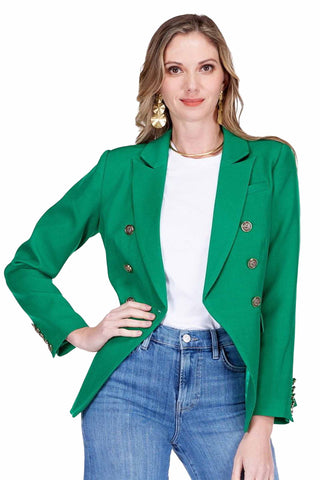 Jade Winnie double-breasted blazer in emerald green featuring structured shoulders, sharp lapels and gold-toned button details for professional wear