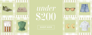 Promotional banner with fashion items and 'under $200' text on a light green background