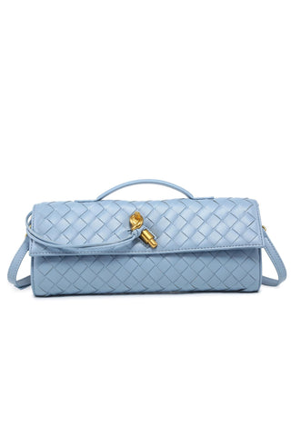 Woven Leather Blue Top Handle Clutch with Crossbody Strap