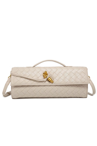 Woven Leather Clutch in Off-white with Top Handle and Crossbody Strap