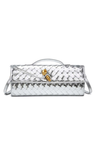 Woven Leather Clutch in Silver with Top Handle and Crossbody Strap