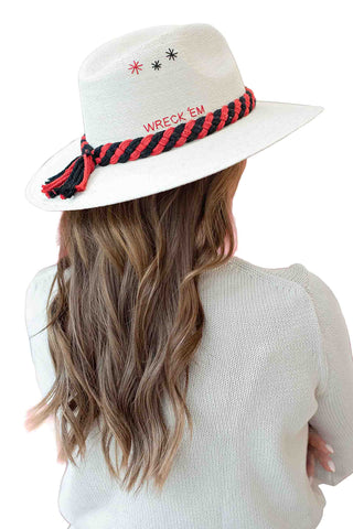 Baldiz Texas Tech Wreck Em white fedora hat with red black braided rope band, embroidered stars, and wide brim for college game day fashion