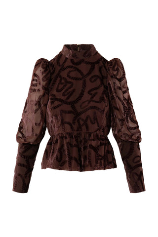Emily McCarthy Zoe Top in Rope. Tan rope-colored velvet top with puffed sleeves, mock neck, peplum hem, and textured rope motif 