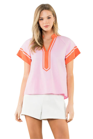 Short Sleeve V-Neck Top - Pink / Orange