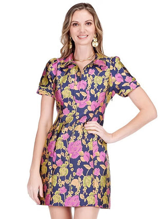 Joy Joy Front Zip Dress in Navy and Pink Floral (Vibrant Vines) 