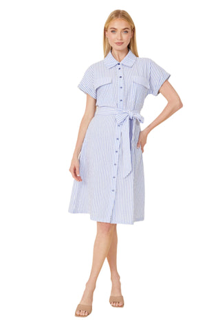 Striped Seer Sucker Belted Dress - Blue/White