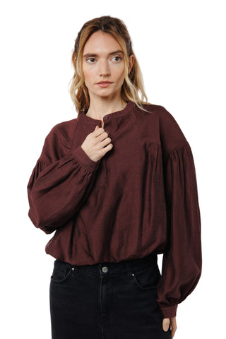 Ciebon Doe Henley Bubble Hem Top - Maroon