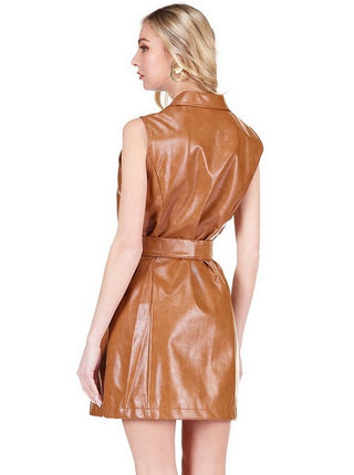 Vegan Leather Sleeveless Dress - Camel
