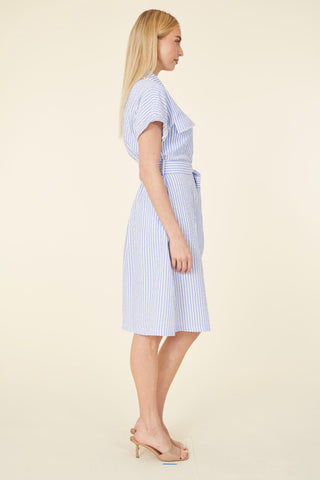 Striped Seer Sucker Belted Dress - Blue/White